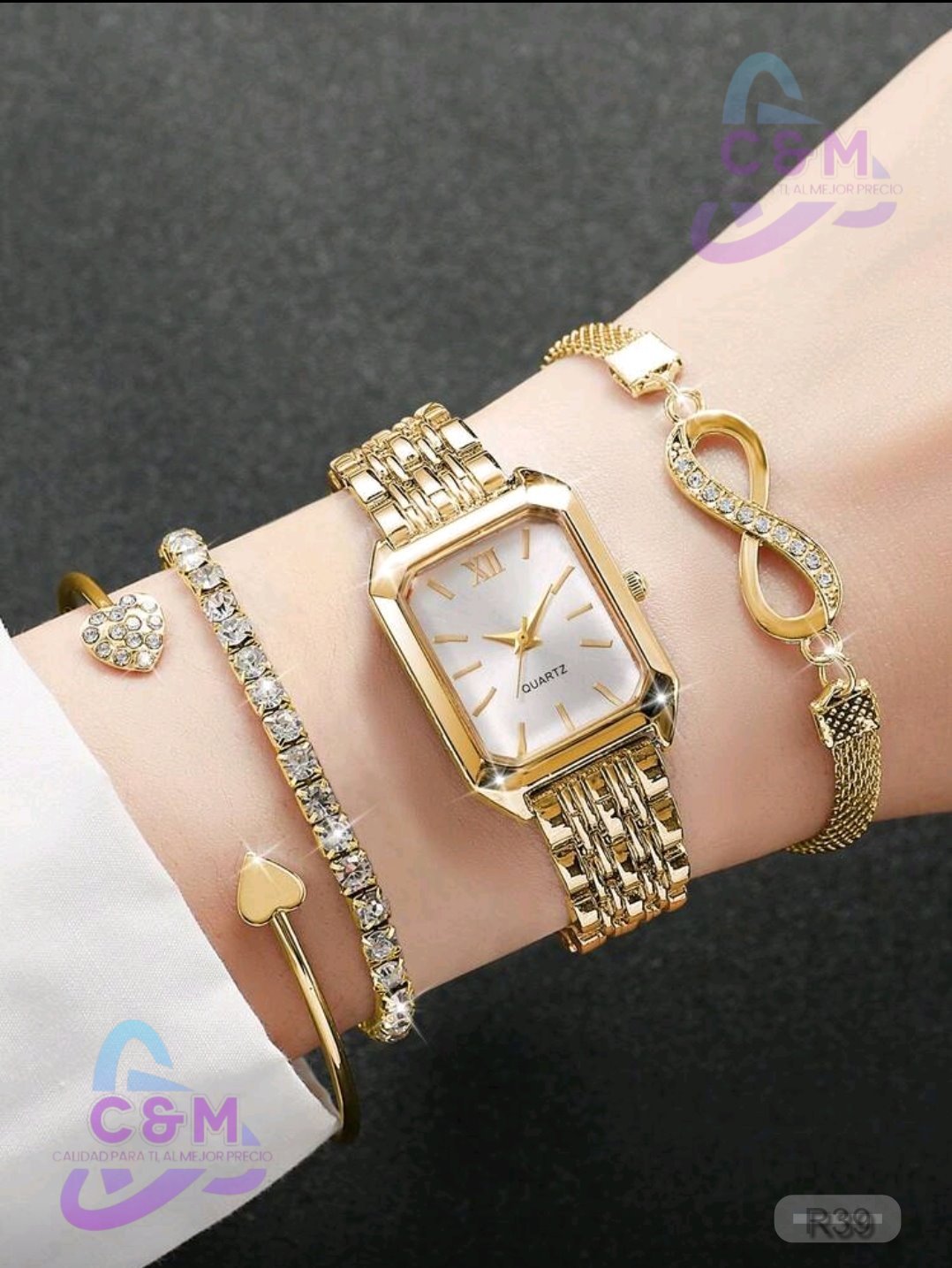 RELOJ CUADRO DE NUMERO ROMANOS PARA MUJER CON 3 PULSERAS ALIACION DE ZINC R39